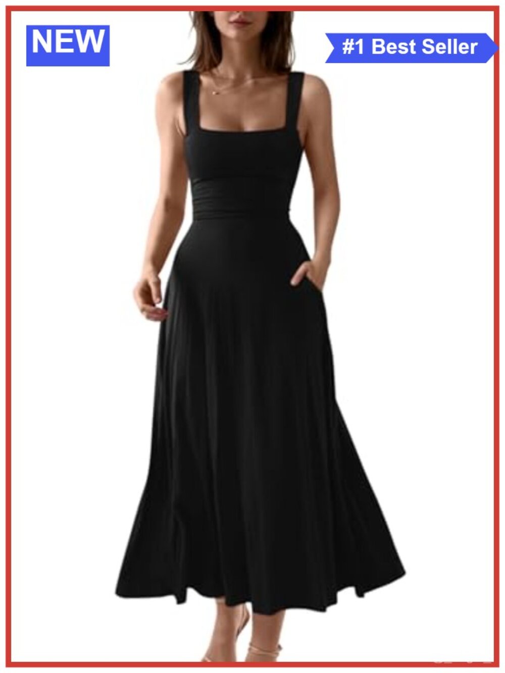 Sleeveless Square Neck A-Line Flowy Maxi Dress with Pockets
